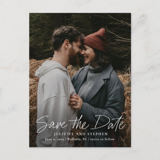 スクリプモダントシンプルフォトウェディング日付の保存 ポストカード (正面)