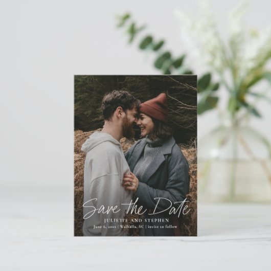 スクリプモダントシンプルフォトウェディング日付の保存 ポストカード (スタンド正面)