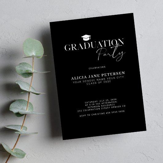 スクリプモダントシンプルブラック卒業パーティー 招待状