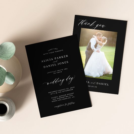 スクリプモダントシンプル2枚の写真結婚黒 サンキューカード
