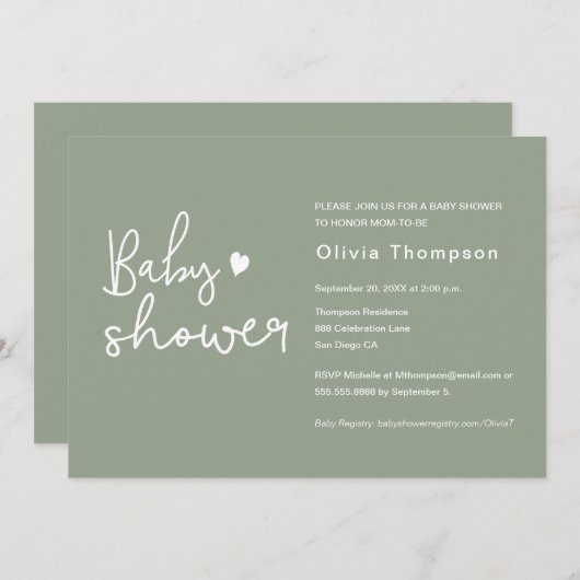 スクリプモダントセージ緑の赤ちゃんシャワー 招待状 (正面/裏面)