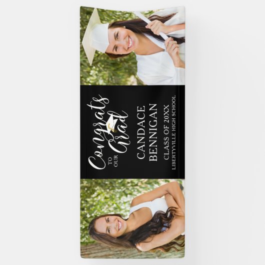 スクリプモダントタイポグラフィおめでとうGRADフォトブラック 横断幕 (縦)