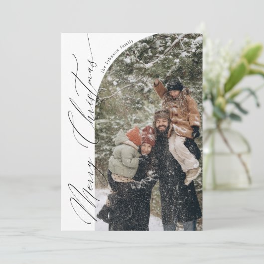 スクリプモダントタイポグラフィハーフアーチフォトクリスマス シーズンカード (スタンド正面)