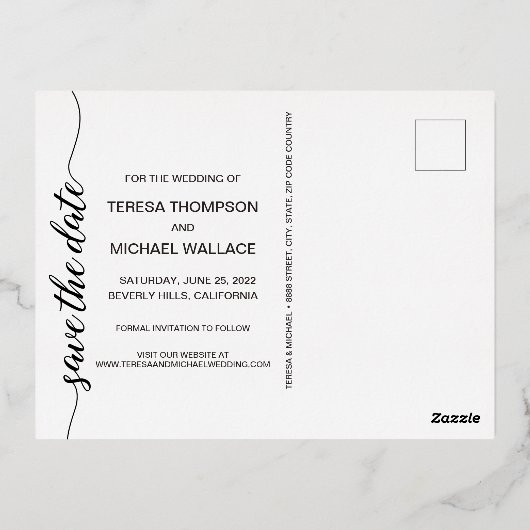 スクリプモダントタイポグラフィブルー金ゴールド結婚ズ 箔招待状ポストカード (裏面)