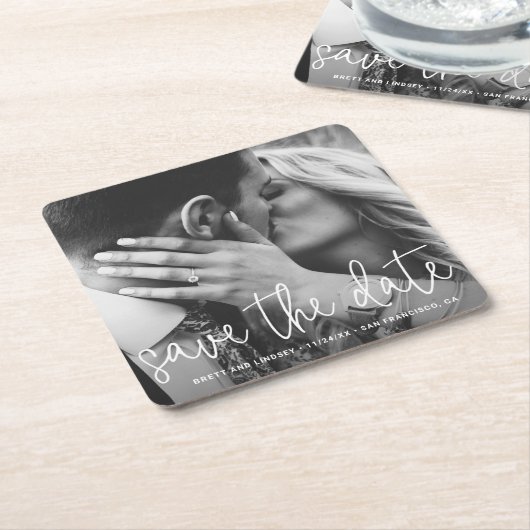 スクリプモダントタイポグラフィ写真の保存日付 スクエアペーパーコースター (アングル)