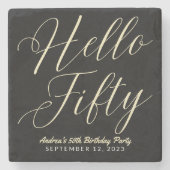 スクリプモダントタイポグラフィHello Fiftyブラック金ゴールド ストーンコースター (正面)