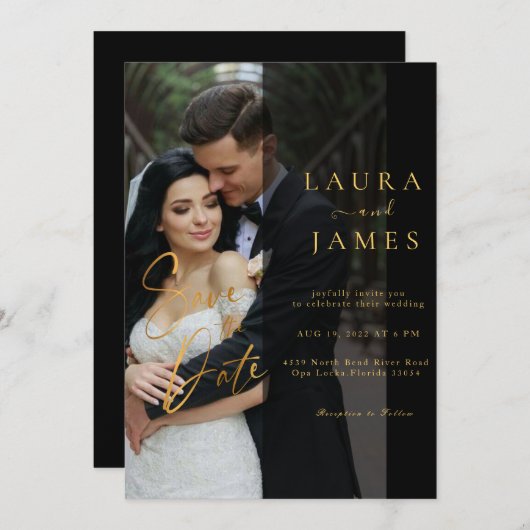 スクリプモダントトレンディーオーバーレイ写真の保存日付 招待状 (正面/裏面)