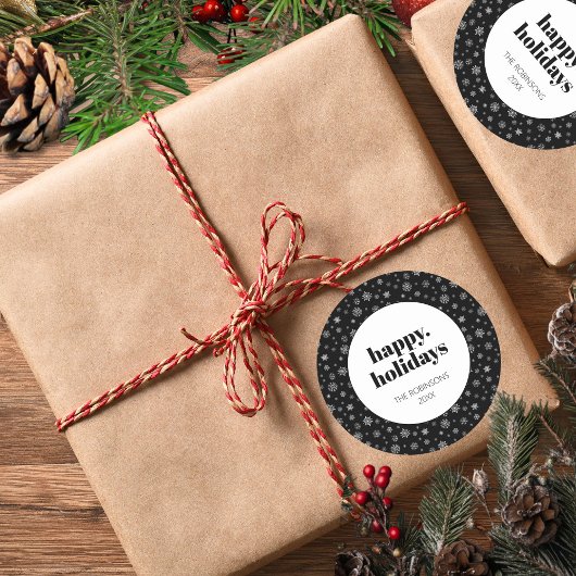 スクリプモダントハッピーホリデーズクリスマス白黒 ラウンドシール