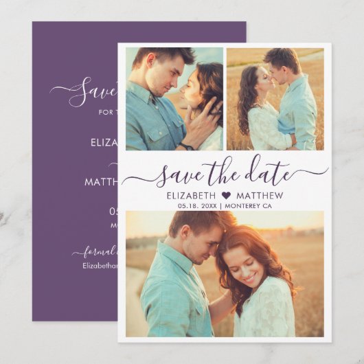 スクリプモダントハートフォトコラージュパープル結婚ズ セーブザデート (正面/裏面)