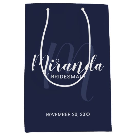スクリプモダントパーソナライズされたブリデスメイドNavy Blue ミディアムペーパーバッグ (正面)
