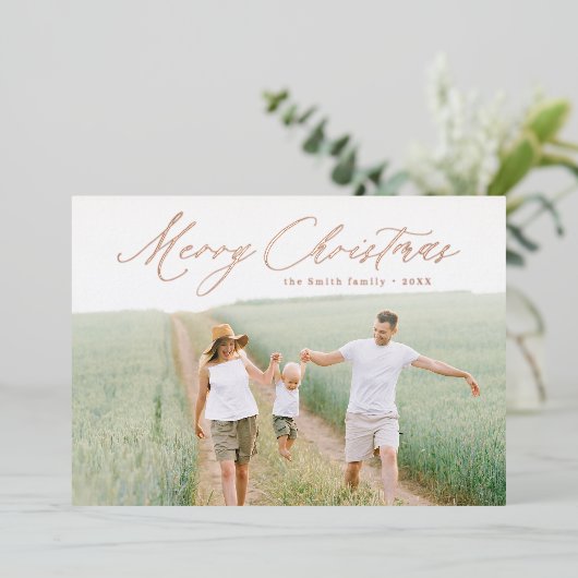 スクリプモダントメリークリスマスフォトホリデー 箔招待状 (立ち正面)