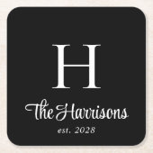 スクリプモダントモノグラムのブラック スクエアペーパーコースター (正面)