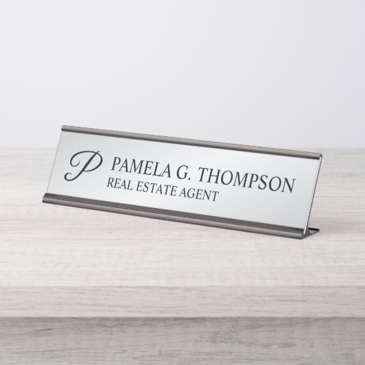 スクリプモダントモノグラムブラックとシルバー デスクネームプレート (正面)