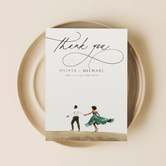 スクリプモダントユニークミニマル写真結婚の サンキューカード