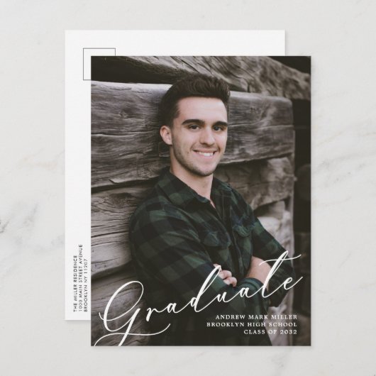 スクリプモダントユニーク・オーバーレイ2枚の写真卒業 案内ポストカード (正面/裏面)