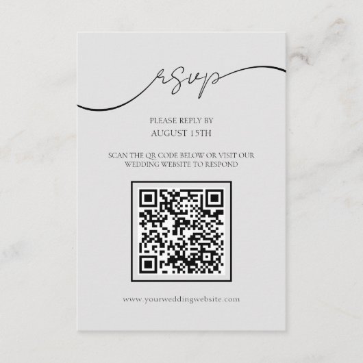 スクリプモダントライトグレーQRコードウェディングRSVPカード エンクロージャーカード (正面)