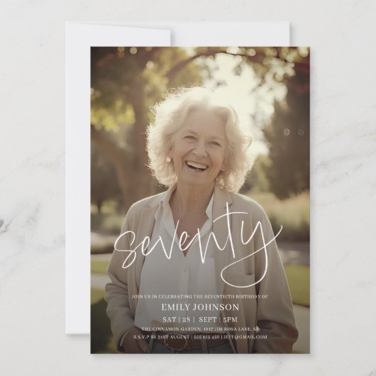 スクリプモダント写ミニマル真70誕生日 招待状 (正面)