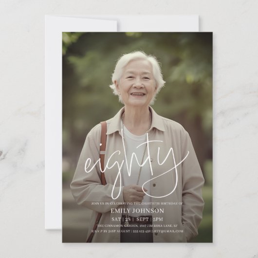スクリプモダント写ミニマル真80誕生日 招待状 (正面)