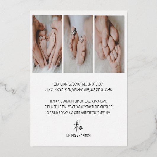 スクリプモダント写真ありがとうお誕生日発表 箔招待状 (裏面)