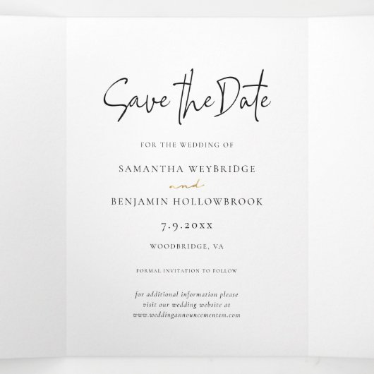 スクリプモダント写真コラージュ結婚式の日付を保存 三つ折り案内状 (内部中)