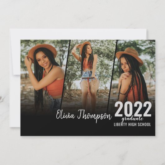 スクリプモダント写真コラージュ黒卒業 招待状 (正面)