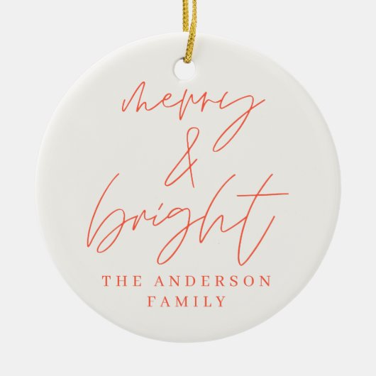 スクリプモダント写真メリーと明るい赤のクリスマス セラミックオーナメント (正面)