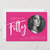 スクリプモダント写真50th誕生日パーティー熱ピンク 招待状 (正面)