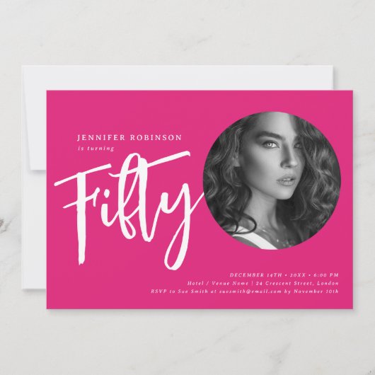 スクリプモダント写真50th誕生日パーティー熱ピンク 招待状 (正面)