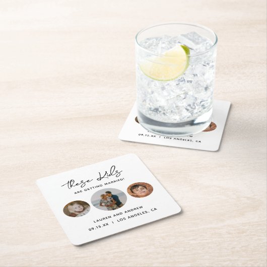 スクリプモダント子供の写真の結婚式の日付を保存 スクエアペーパーコースター (インサイチュ)