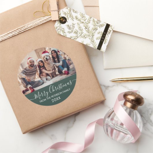 スクリプモダント家族の写真グリーンメリークリスマス ラウンドシール (ギフト)