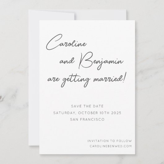 スクリプモダント手書き結婚の白黒文字 セーブザデート (正面)