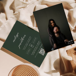 スクリプモダント暗緑色モノグラムQRコー結婚ド 招待状