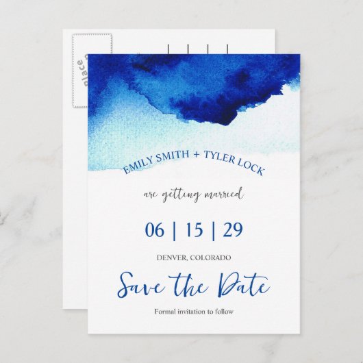 スクリプモダント水彩インディゴブルー日付を保存 案内ポストカード (正面/裏面)