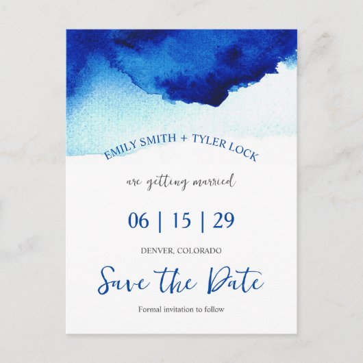 スクリプモダント水彩インディゴブルー日付を保存 案内ポストカード (正面)