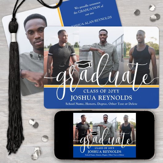 スクリプモダント王室の・ブルーと金ゴールド4写真の卒業 案内状