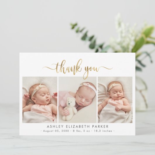 スクリプモダント生まれたばかりのベビー3写真ありがとう サンキューカード (スタンド正面)