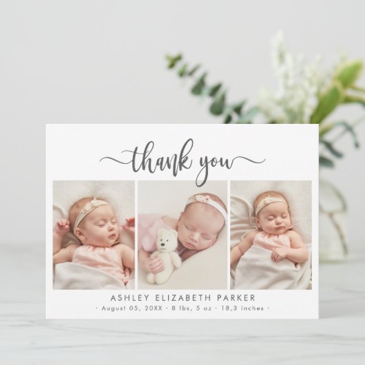 スクリプモダント生まれたばかりのベビー3写真ありがとう サンキューカード (スタンド正面)