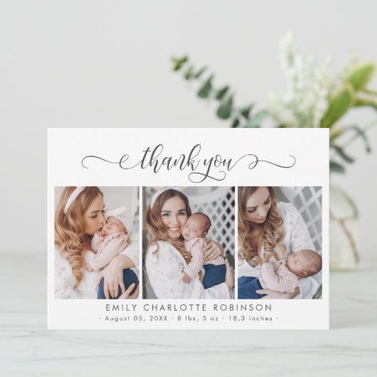 スクリプモダント生まれたばかりのベビー3写真ありがとう サンキューカード (スタンド正面)