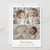 スクリプモダント男の赤ちゃんまたは女の子の三つの写真バプテスマ 招待状 (正面)