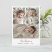 スクリプモダント男の赤ちゃんまたは女の子の三つの写真バプテスマ 招待状 (スタンド正面)