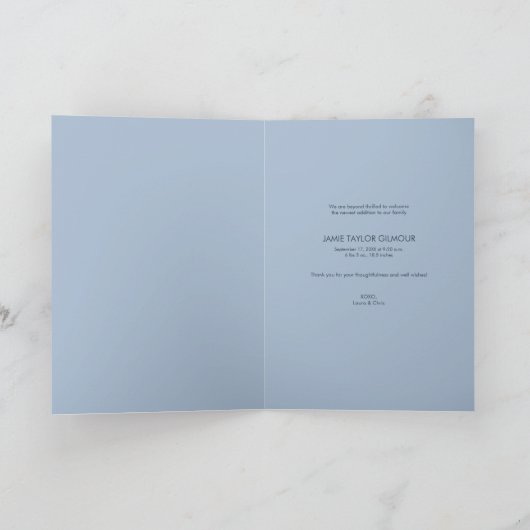 スクリプモダント男の赤ちゃんフォトブルー 案内状 (内部)