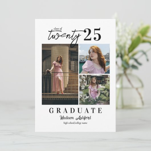 スクリプモダント白3フォトコラージュ卒業 案内状 (スタンド正面)