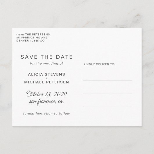 スクリプモダント結婚の写真は日付を保存 案内ポストカード (裏面)