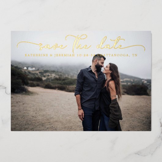 スクリプモダント結婚式の日付の保存 箔招待状 (正面)