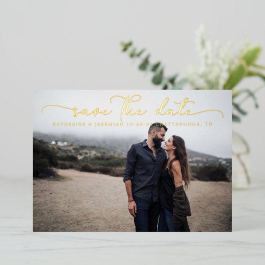 スクリプモダント結婚式の日付の保存 箔招待状 (立ち正面)