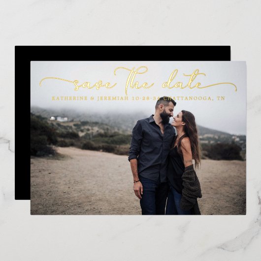 スクリプモダント結婚式の日付の保存 箔招待状 (正面/裏面)