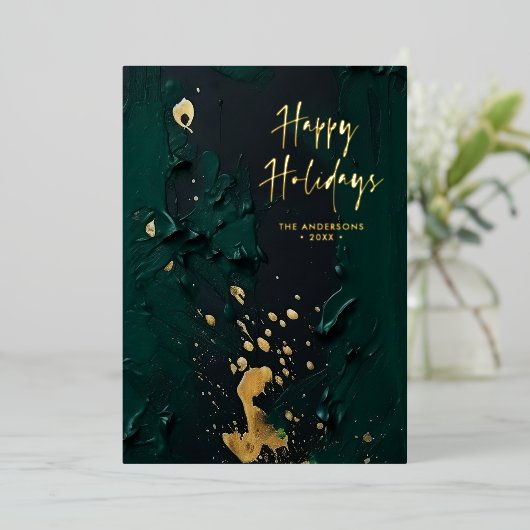 スクリプモダント緑の金ゴールド抽象芸術絵を描クリスマス 箔シーズンカード (立ち正面)