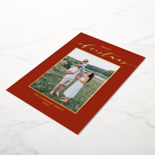 スクリプモダント赤メリークリスマスフォト 箔シーズンカード (回転した状態)