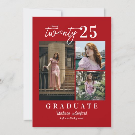 スクリプモダント赤3フォトコラージュ卒業 案内状 (正面)