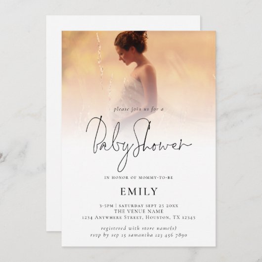 スクリプモダント追加フォトオーバーレイ赤ちゃんシャワー 招待状 (正面/裏面)